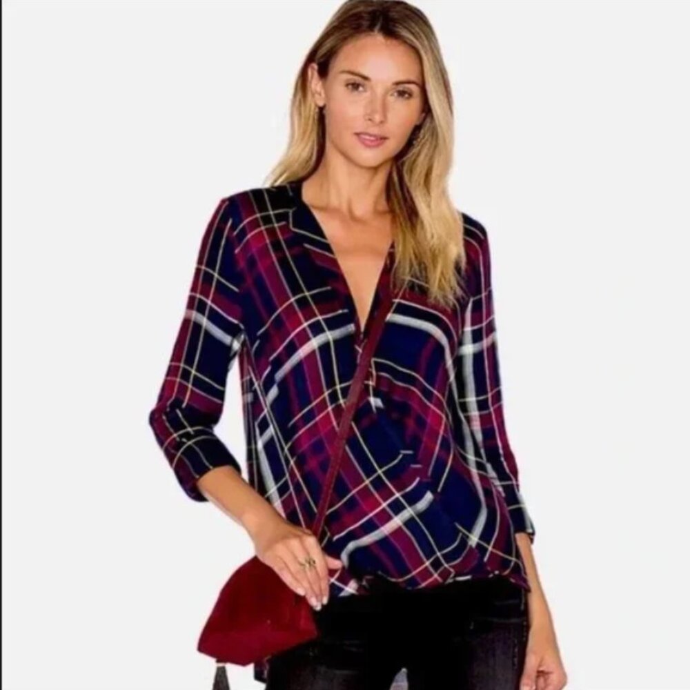 1.STATE Womens Plaid Surplice Wrap Blouse Navy Burgundy XS